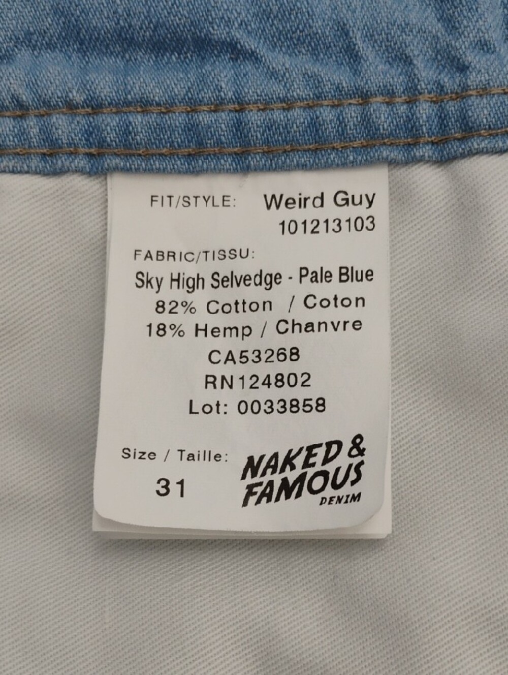 Naked & Famous Weird Guy Sky High Selvedge Pale Blue Cotton Hemp Jeans 31x35 - Picture 14 of 16